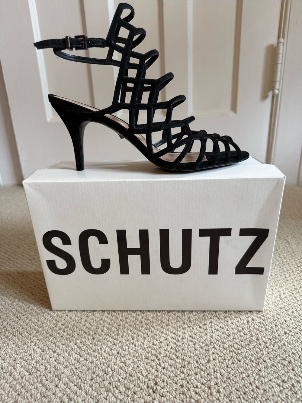 SCHUTZ Black Strappy Cage Mid Heel Sandal Size 9